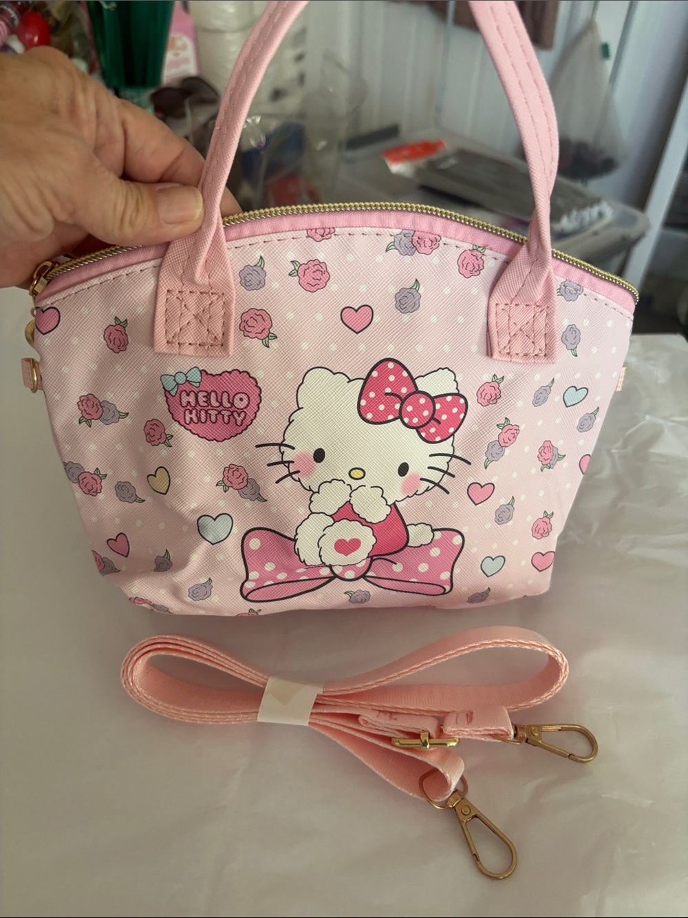 Hello Kitty Pink Rose-Print Mini Tote with Removable Strap